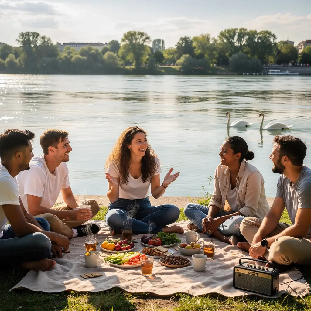 Relaxujúca scéna s osobou medituje s šálkou čaju v ruke, obklopená prírodou.
