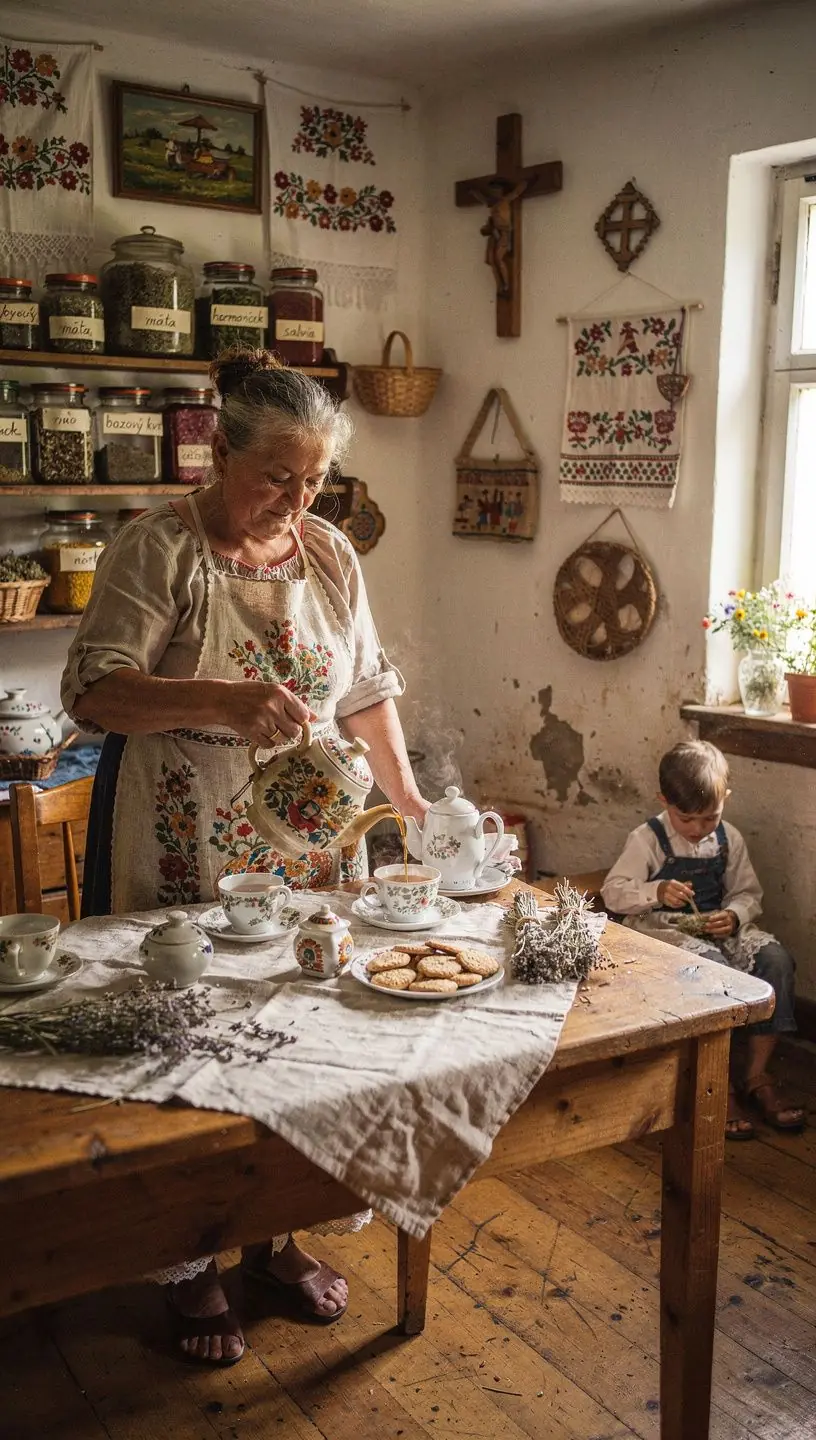Záber na bylinkovú záhradu s rôznymi rastlinami, z ktorých sa pripravuje čaj.