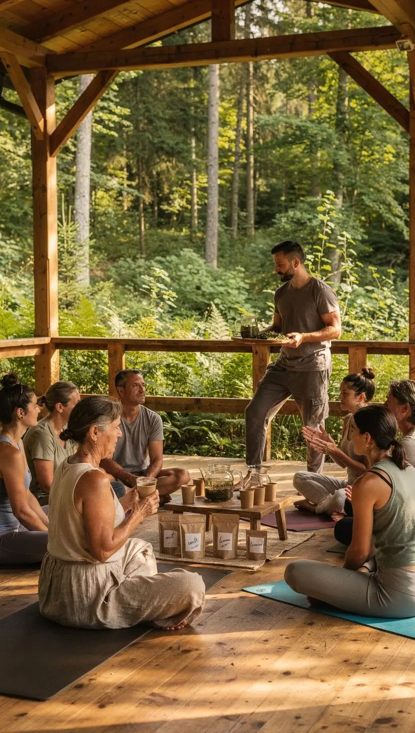 Pohľad na šálku čaju obklopenú kvetmi a bylinkami v slnečnom svetle.
